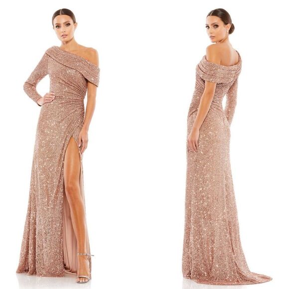 Mac Duggal NWT 26571 SEQUINED DROP SHOULDER FAUX WRAP GOWN in Copper Size 6 - Picture 1 of 13